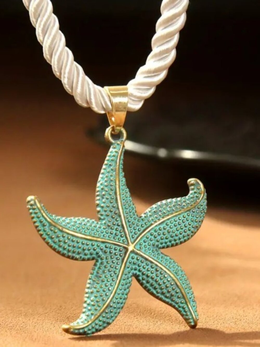 Beach Style Blue Starfish Pendant Rope Necklace Gold-tone Accents - Picture 1 of 11